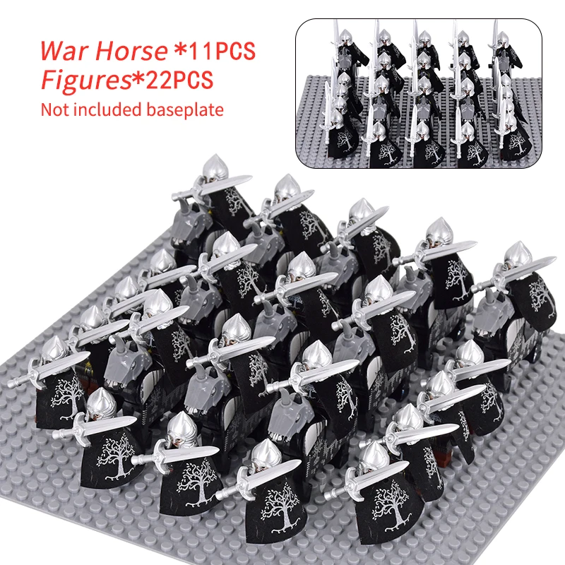 MOC Medieval Gondor Knights lotr Figures Set Warrior Armored Soldiers War Horse Army Weapons Shield Sword Helmet Bricks Toys