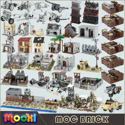 MOOXI Military WW2 Ruins Battlefield Weapons Cannon Guns Wars Simulation MOC Bricks Model Building Blocks Set Toys Kids Boy Gift