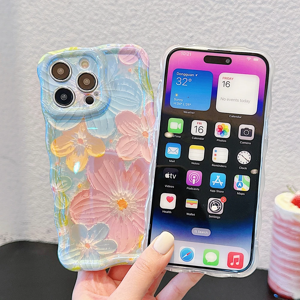 Flowers Phone Case For iphone 15 14 13 12 11 Pro Max Blue Light Wavy border Soft Silicone Protect Camera Lens Shockproof Cover