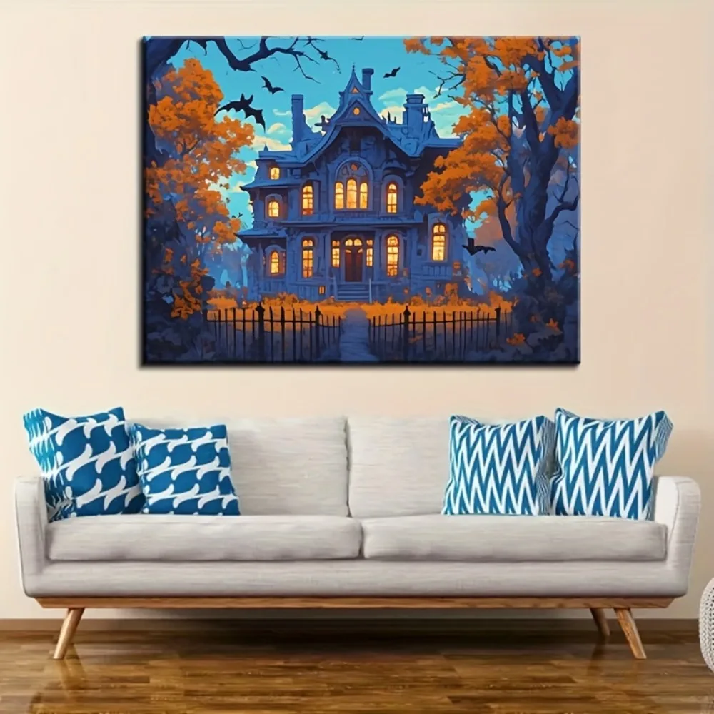 Moldura de madeira maciça de 1,5 polegadas, pôster de lona do castelo de abóbora de terror de Halloween, adequado para decorações de Halloween e decorações de quarto