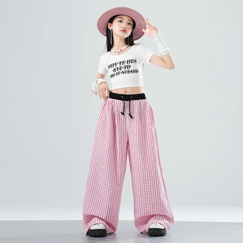 Kinder Hip Hop Kleidung Mädchen Jazz Dance Kostüm Nabel Tops Rosa Karierte Hosen Sommer Straße Tragen Kpop Leistung Anzug BL16234