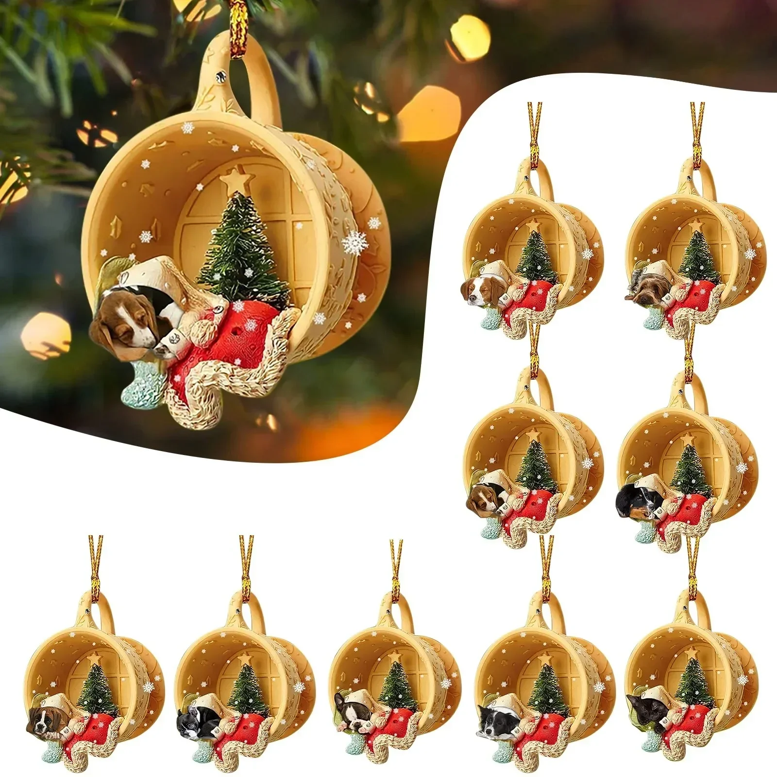 Creative Christmas Tree Pendants Decorations Cute Sleeping Dog in A  Scene-sleeping in Cup Hanging Pendants New Year Navidad 2D