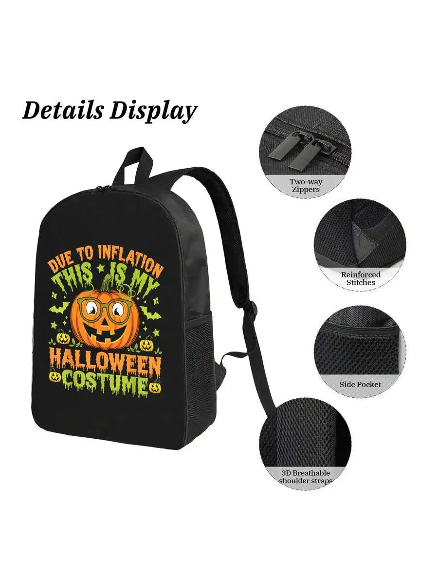 Halloween Pumpkin Print Backpack With Adjustable Straps Side Pockets Zipper Closure