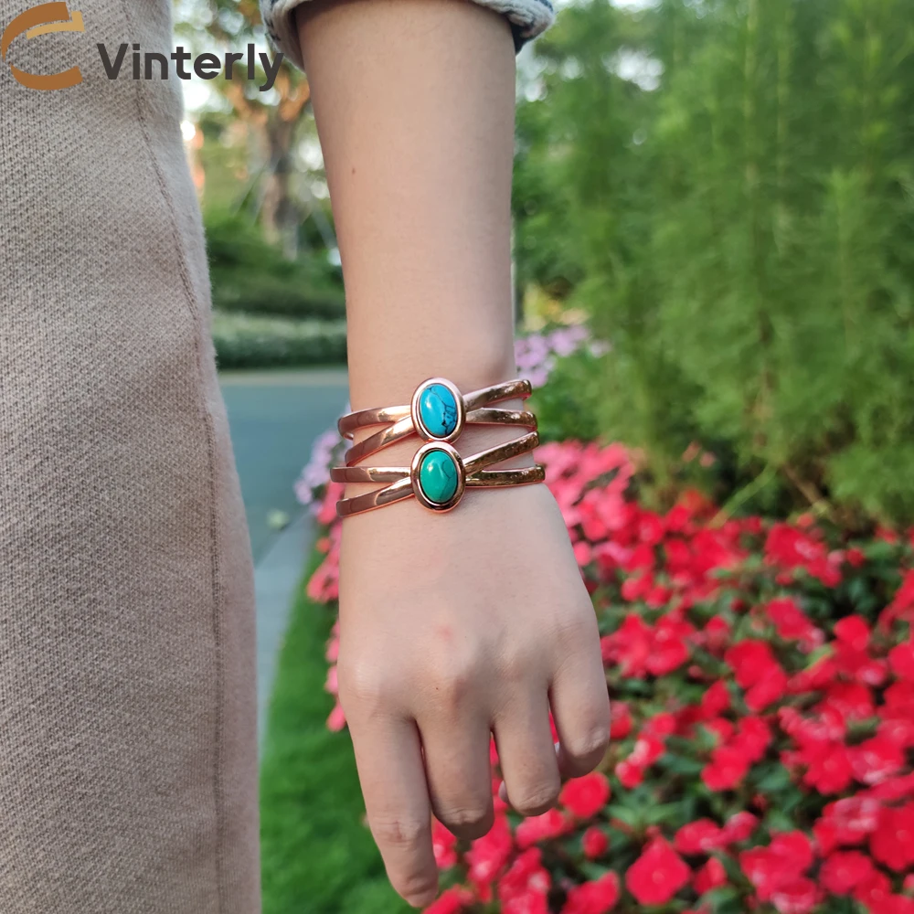 Pure Copper Bracelets for Women Blue Stone Adjustable Open Cuff Magnet Bangles Arthritis Health Energy Jewelry Femme Resizable