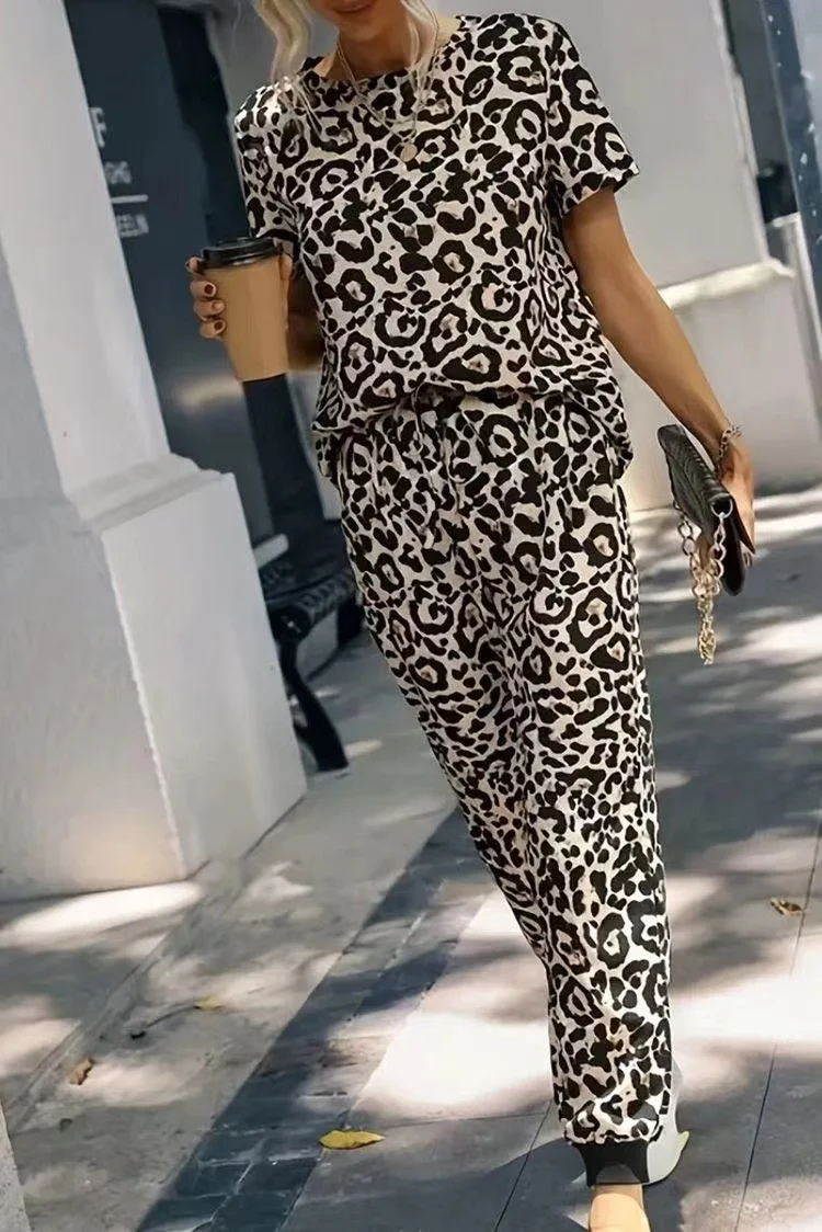 

Leopard print set, comfortable and versatile, women's fashion set, top and pants two-piece set