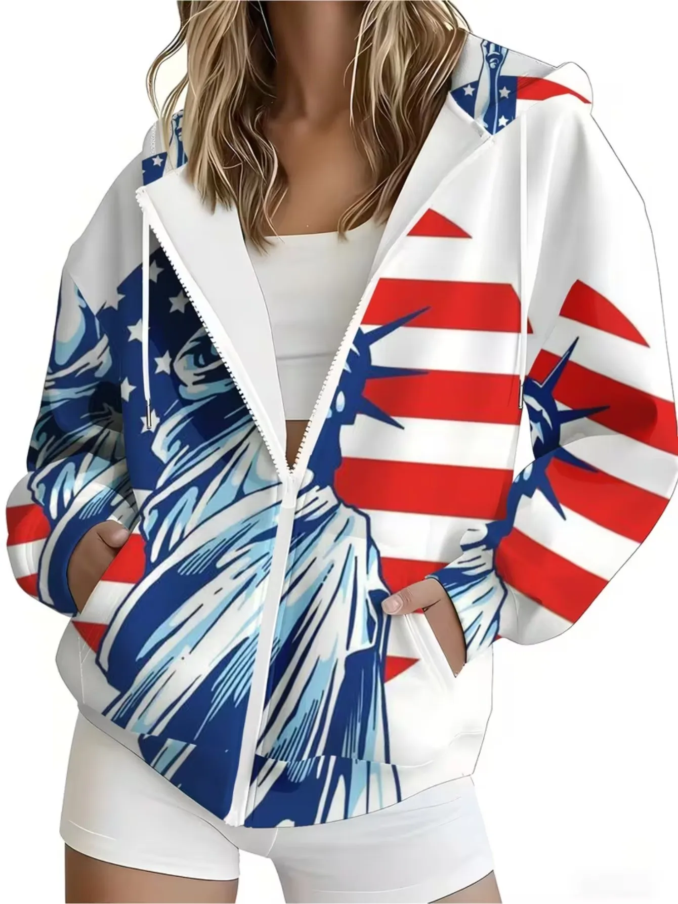 2026 autumn and winter new style women's zipper hooded sweater with 3D stripe pattern printing street casual and comfortable