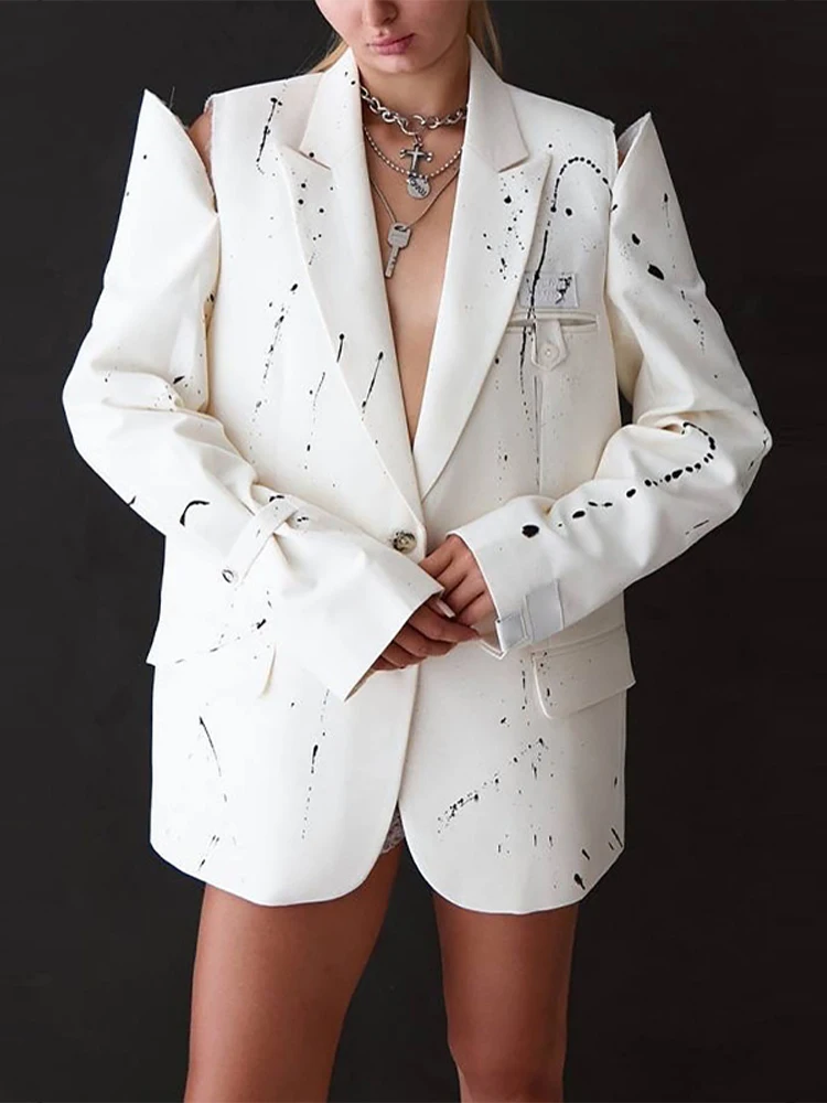 طباعة الباردة الكتف طويلة الأكمام دعوى سترة المرأة موضة بدوره إلى أسفل طوق واحدة الصدر جيوب بليزرات قاطرة ملابس خارجية