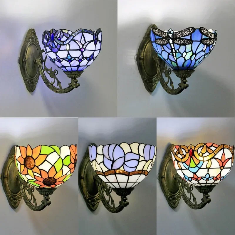 

American Style Pastoral Stained Glass Splicing Sunflower Wall Lamp Indoor Bedside European Retro Tiffany Dragonfly Lamp