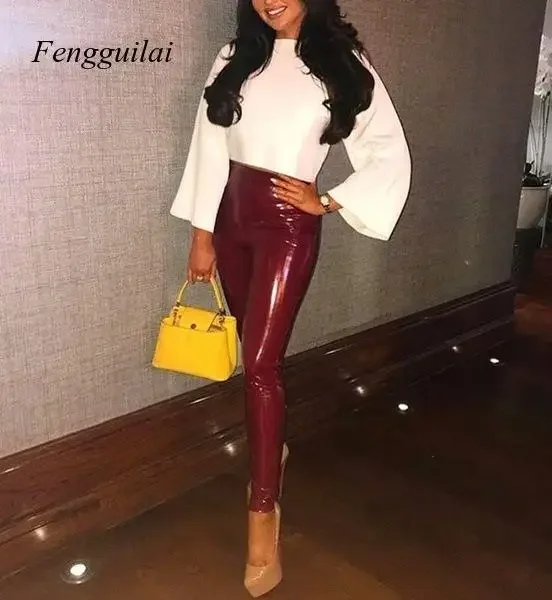 Mallas de cuero de aspecto mojado para mujer, Leggings de cintura alta, elásticos, ajustados, rojo y negro, pantalones de moda de Pu, S-3Xl