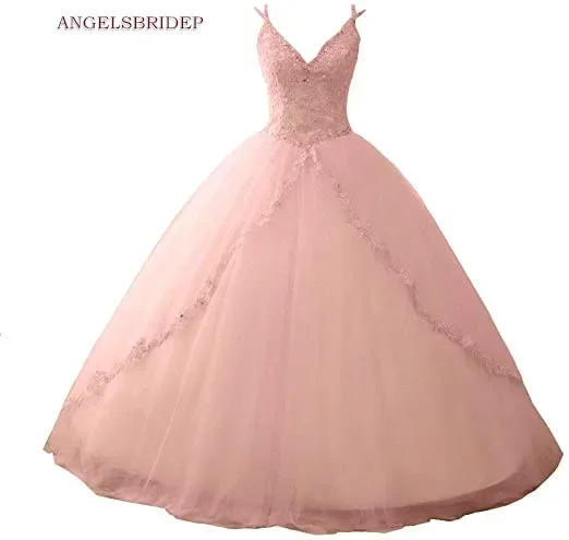 Rosa Ballkleid Quince anera Kleider Vestidos de 15 Anos Mode Spaghetti träger Applikation Tüll Geburtstags feier Kleider