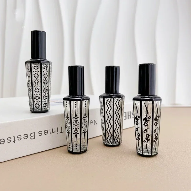 1/2Pcs 15ml Black Pattern Perfume Spray Bottles Bohemian Style Glass Portable Refillable Cosmetic Tools Electroplated Travel Set