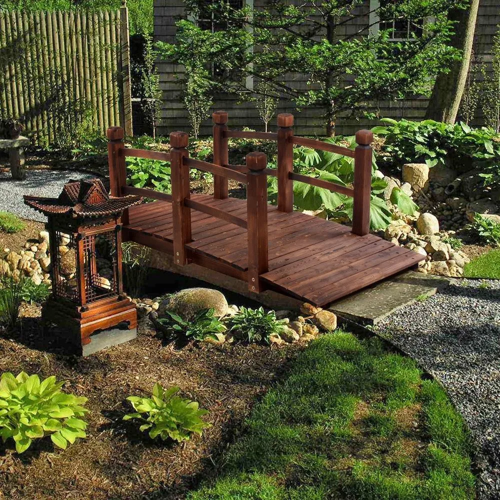 5 ft (59 in) Wooden Garden Bridge / Garden Stream Yard Walkway w/ Double Rails