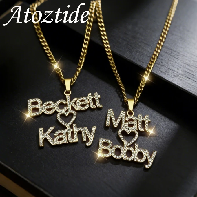 

Atoztide Custom Name Necklace for Women Zircon Nameplate Stone Heart NK Chain Stainless Steel Jewelry Pendant Personalized Gift