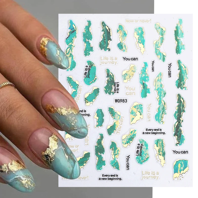 Blue Marble Smudge Pattern 3D Nail Sticker Laser Gold Silver Glitter Wave Line Transfer Decals Geometry Abstract Slider Manicu