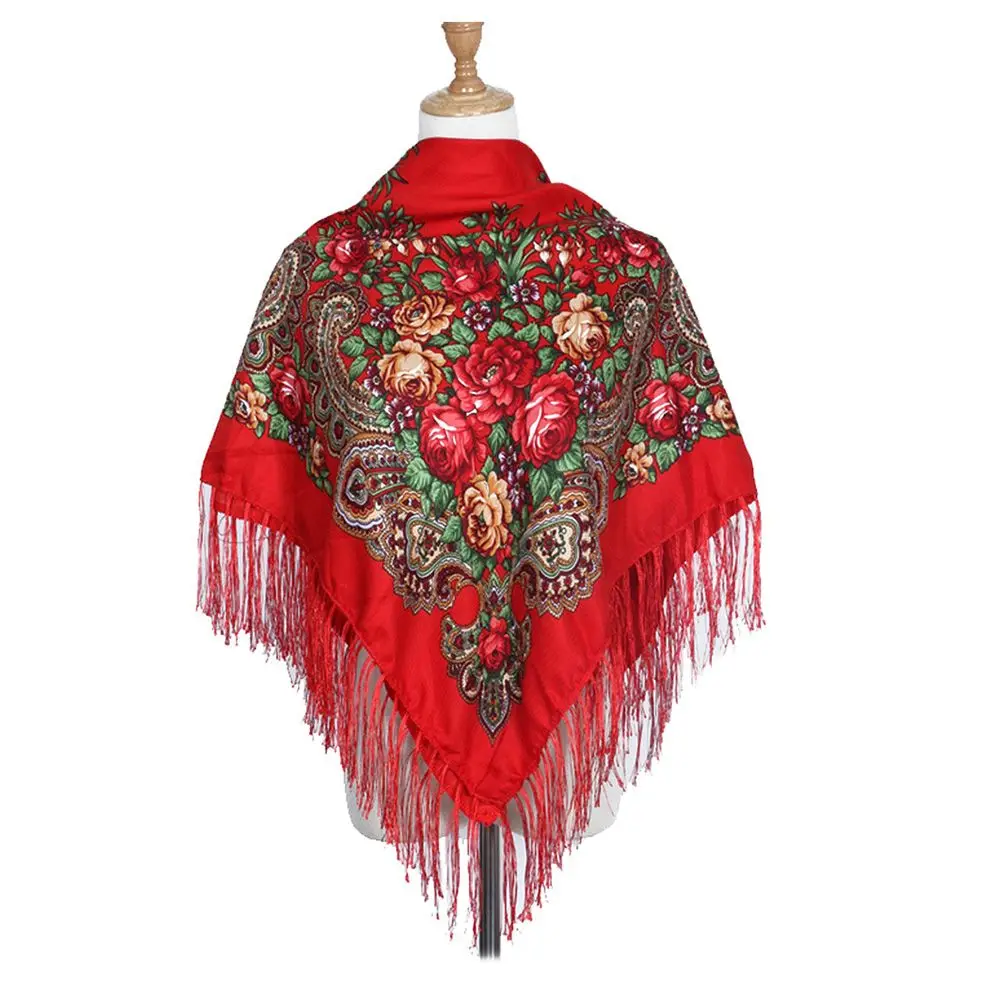 

Cotton Long Pashmina Big Size Floural Russian Style Square Scarf Wraps Shawl Tassel Scarf