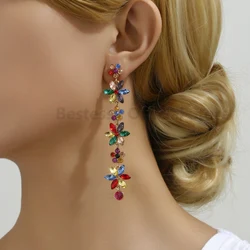 Colorful Crystal Leaf Long Pendant Flower Dangle Earrings For Women Boho Luxury Design Party Prom Clothing Matching Jewelry Gift
