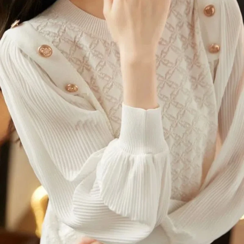 Solid Color Pullover Lantern Long Sleeve Chiffon Patchwork Button T-shirt Casual Elegant Fashionable Women\'s Spring Autumn Tops