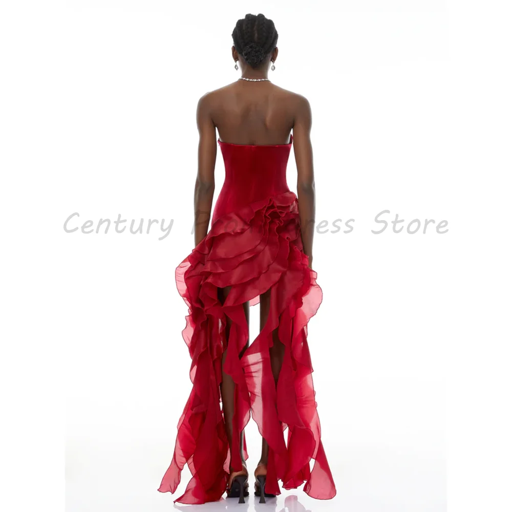 Red Strapless Sweetheart Evening Gown with Rhinestone Trim Asymmetric Tiered Ruffle Chiffon High Low Formal Party Dress