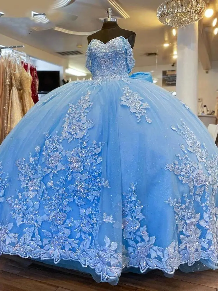 Real Picture Ice Blue Quincenaera Dresses Off Shoulder Flower Applique Bow Ball Gown Vestido De 15 16 Prom Birthday Party Dress