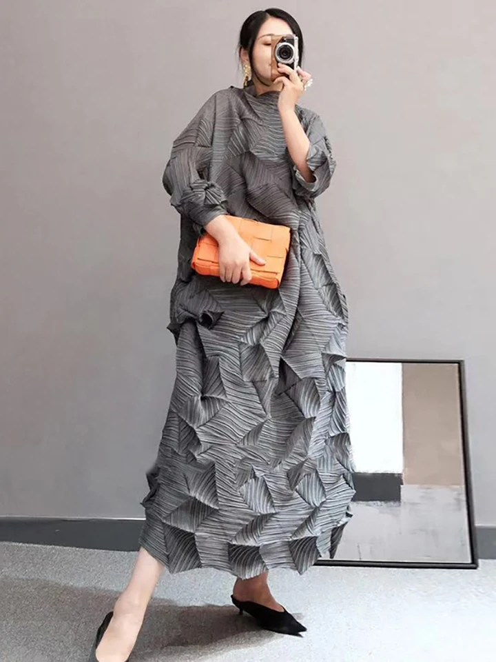 Miyake Pleated Turtleneck Diamond Dress Women New Autumn Winter