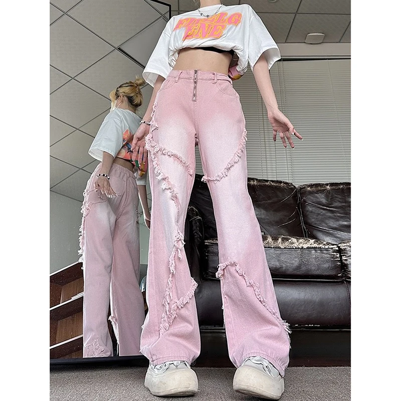 

High Waist Pink Women Baggy Jeans All-match Vintage Korean Fashion Streetwear Spring Autumn Wide Leg Denim Trousers Female