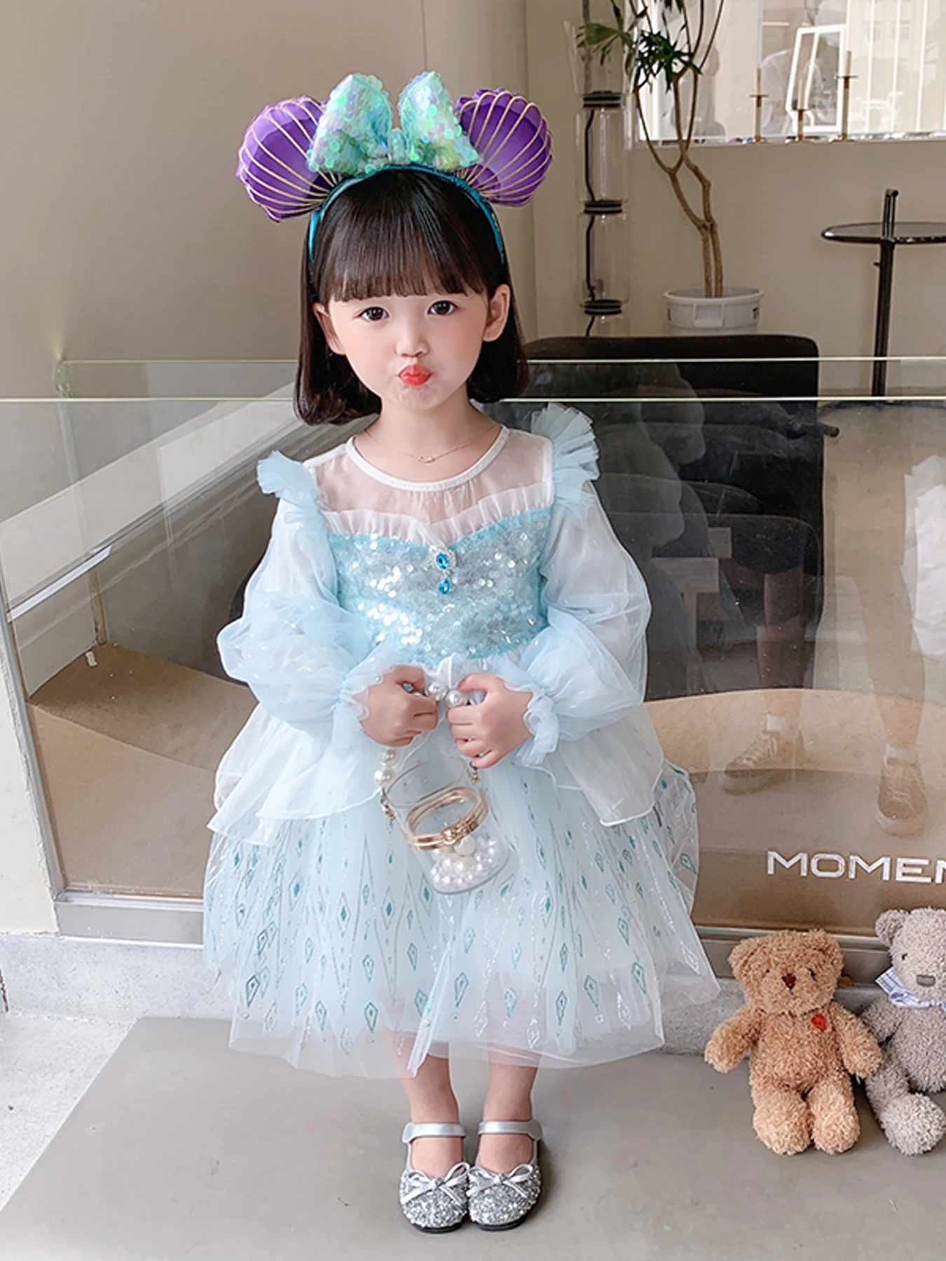 

New Short Sleeve Sequin Stitching Puffy Princess Dress, Children's Sweet Bow Dress, Baby's First Birthday Banquet Baptism Dress