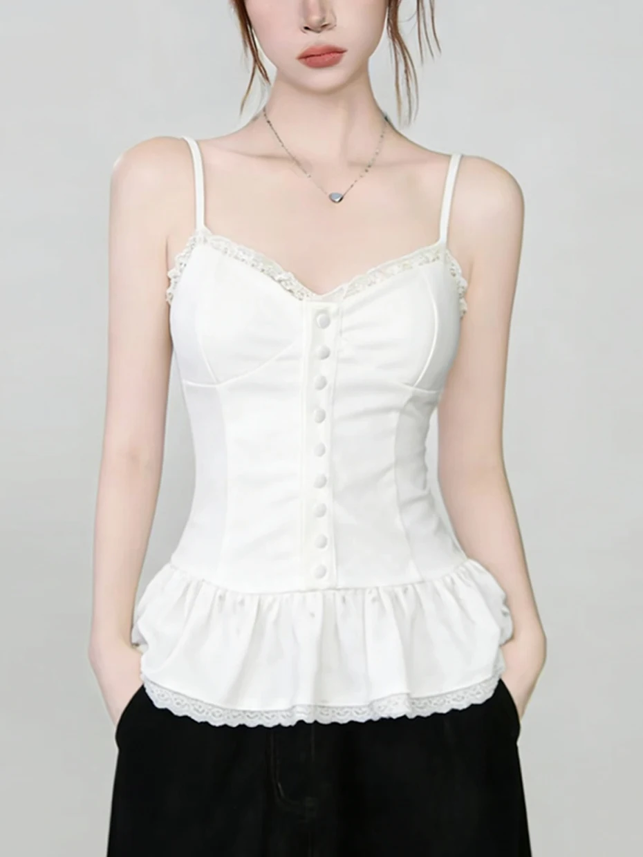 Lace Splice Halter Neck Vest Women's Inner Wear Outerwear Integrated Design Short Sleeve V-Neck Single Button Closure Top