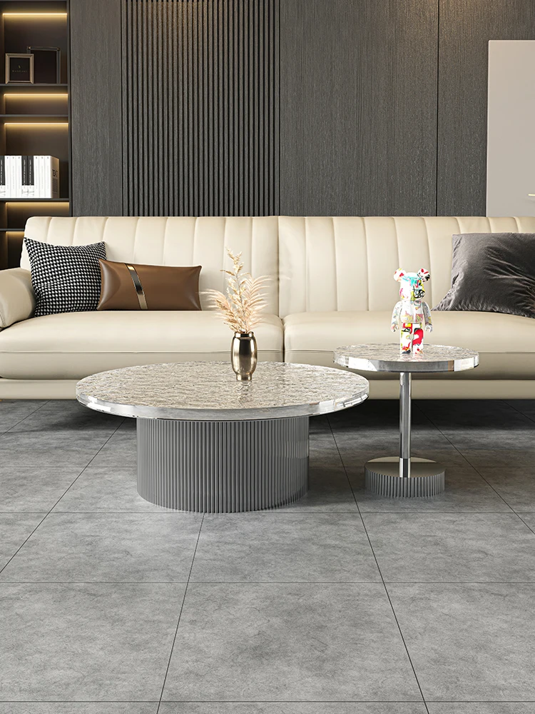 Italian light luxury circular coffee table corner table minimalist stainless steel glass edge table combination