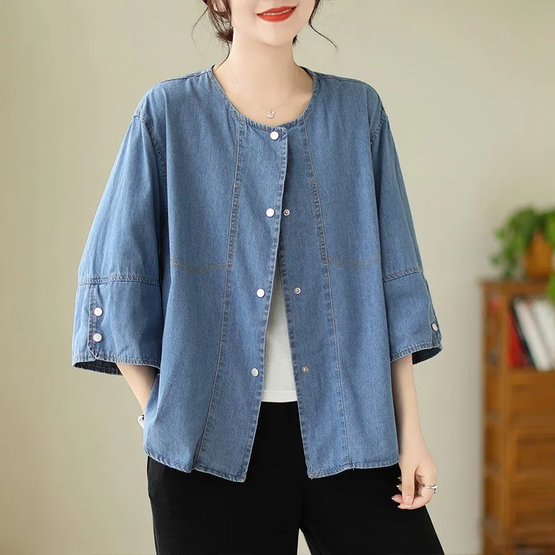 2023 Spring New Arts Style Women 3/4 Arts Style Loose Single Breasted Denim Jackets Asymmetry Casual O-neck Short Coat P135