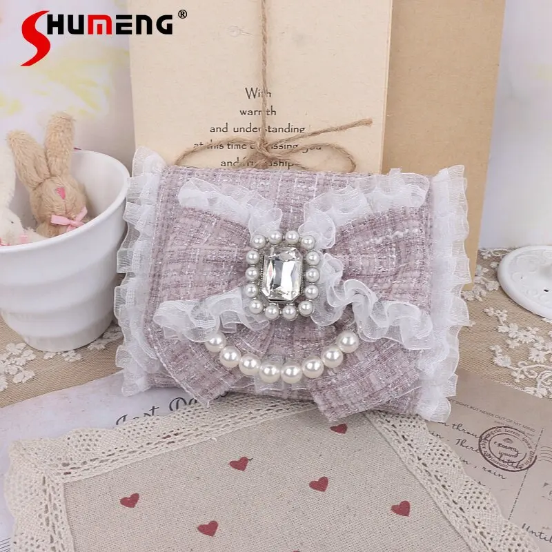 

Japanese Rojita Sweet Cute Shopping Bags Ladies Lace Trim Big Bow Horizontal Wallet Lolita Beautiful Bead Mini Bags For Girls
