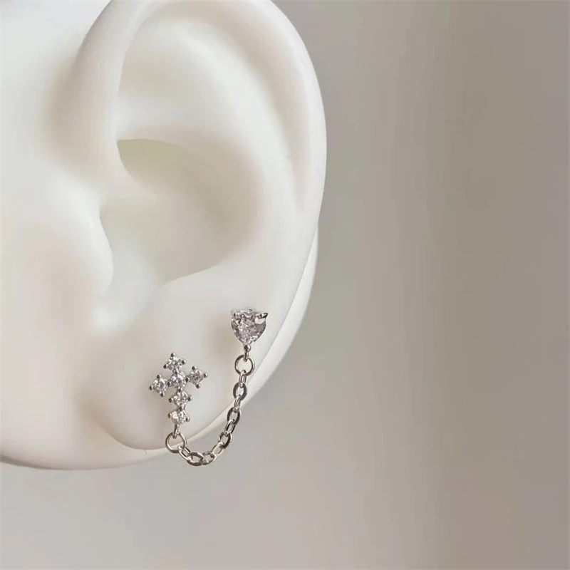 1PC Silver Color Cross Double Ear Hole Chain Tassel Ear Bone Nail  Bling Zircon Inoxidable Stainless Steel Earrings Jewelry Gift