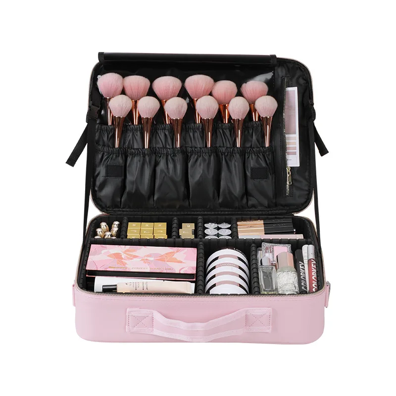 Pink Cosmetic Bag Large Capacity Cosmetic Organizer Bag Travel Follow Makeup Artist Handheld Cosmetic Case