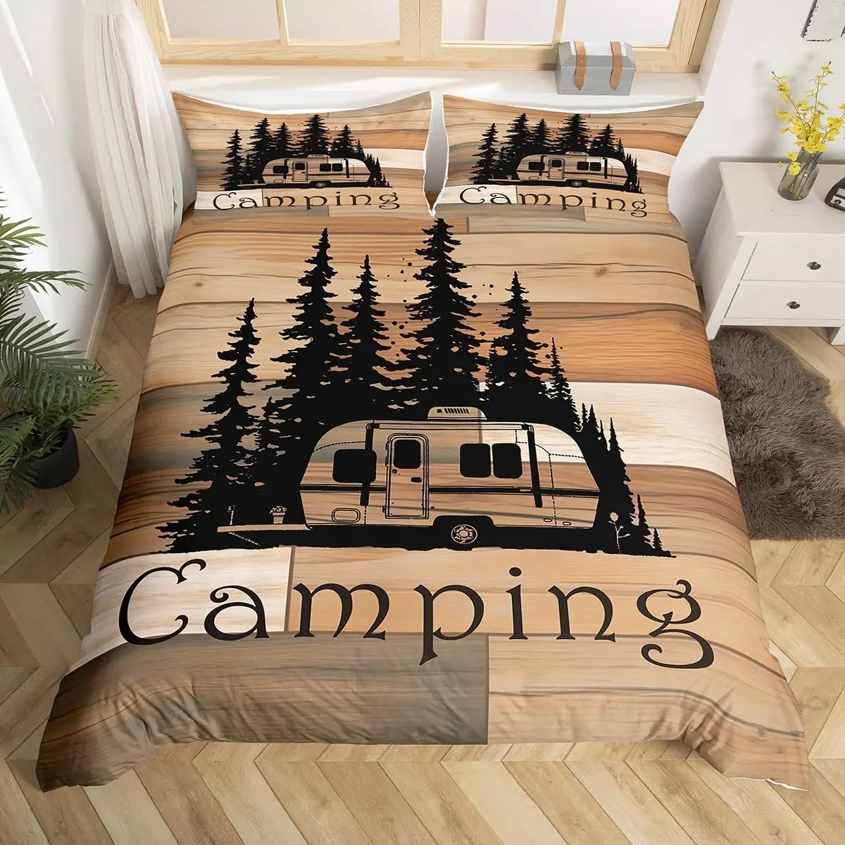 Camping Duvet Cover Set Full King Size Cartoon RV Camping Car Bedding Set Camper Accessories for Travel Trailers Comforter Cover