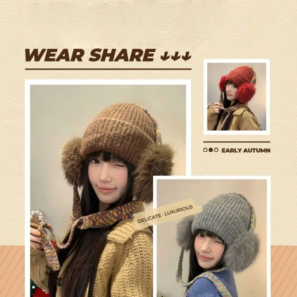 Retro Knit Ear Flap Beanie Cuffed Fleece Lined Cuffed Winter Hat Cozy Warm Earmuff Beanie For Women