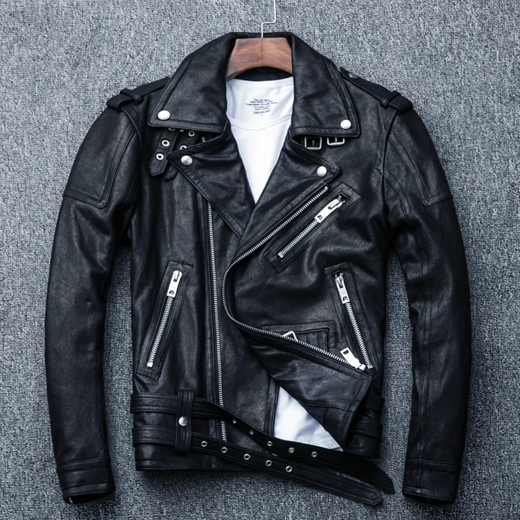 

YR!Free shipping.quality tanned sheepskin clothes.Brand classic motor biker leather jacket,mens short genuine leather coat,