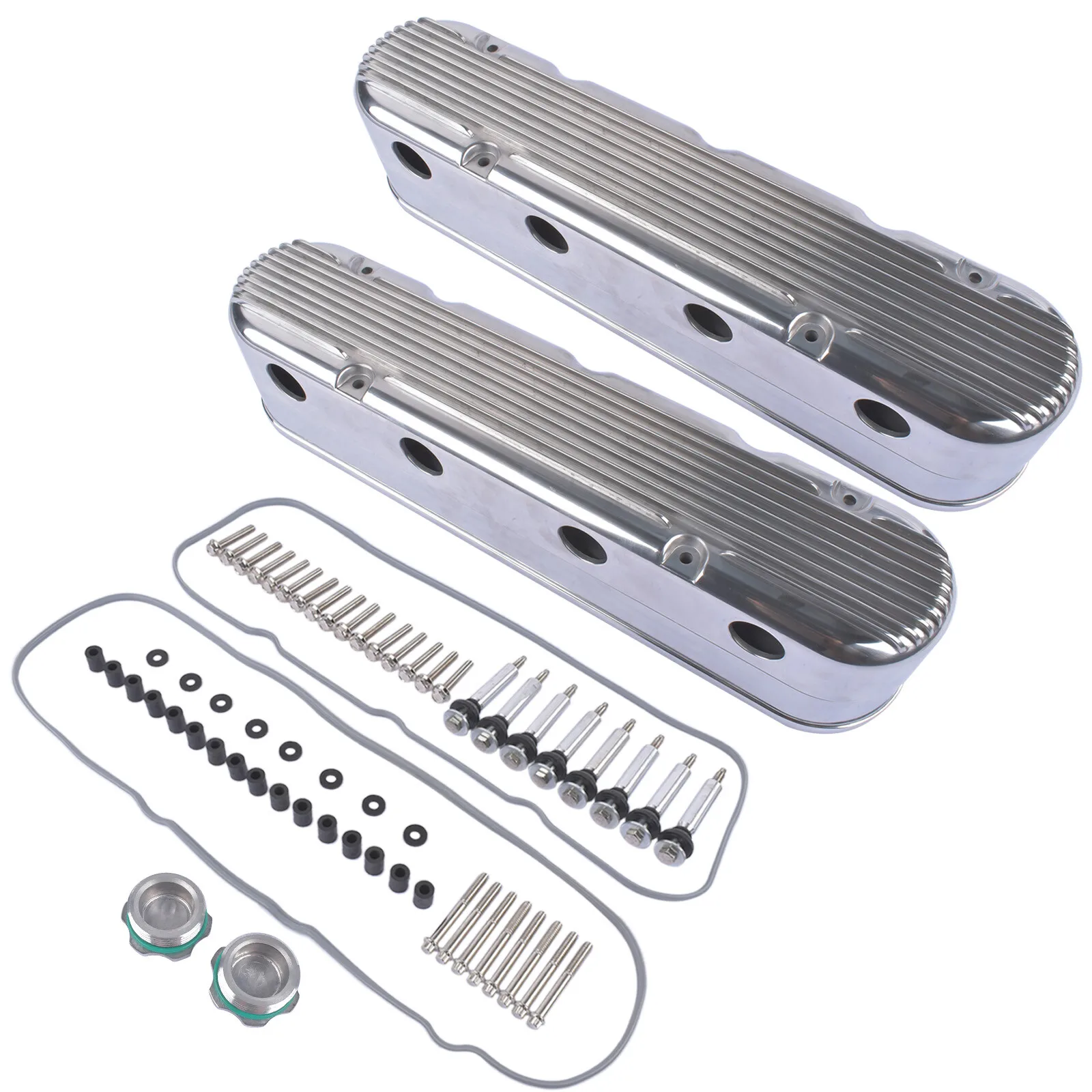 AP02 2Pcs Aluminum finned Valve Covers w/ Coil Mounts 241-181 For Chevy LS - Polished