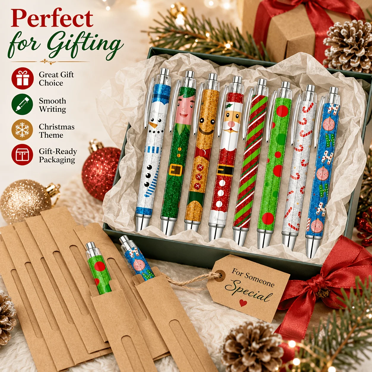 16 Pcs Christmas Ballpoint Pen Gift Set 8 Festive Pens 8 Kraft Paper Sleeves For Teacher Coworker Office School Stocking Stuffer