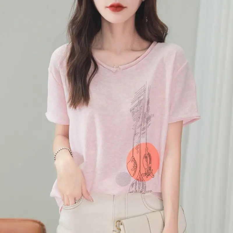 Women's 100% Cotton V Neck Short Sleeve T-Shirt Casual Abstract Print Loose Fit Summer Top