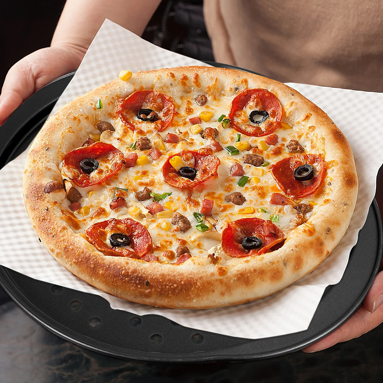 

4 Pcs Pizza Pans Carbon Steel Baking Trays for Kitchen Oven Thickened Non Stick Round Holes Design Heat Resistant
