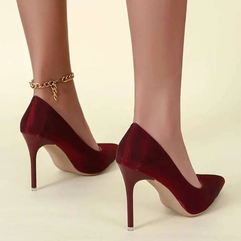 Wine Red Super High 10cm Thin High Heel Pumps Women Shoes Silk Fabrics Pointed Toe Slip-On Party Work Dress Shoes