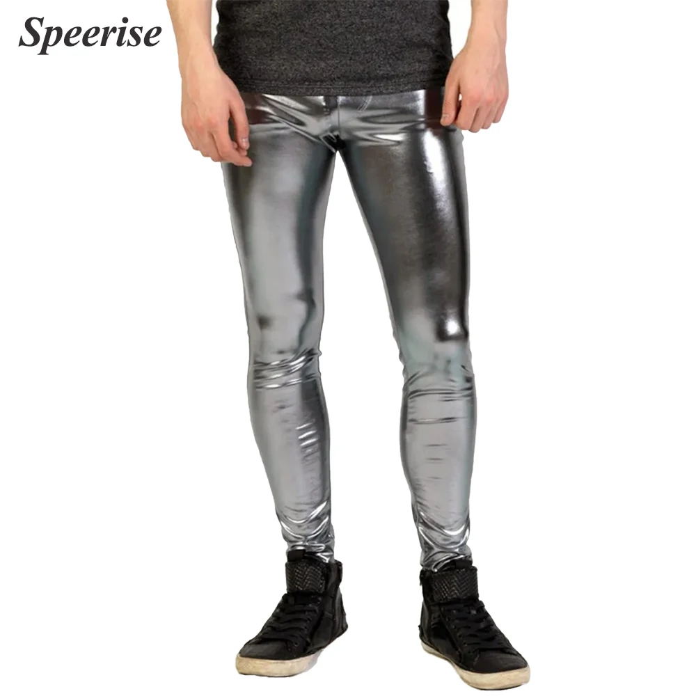 Männer Sexy Glänzende Leggings Metallic Spandex Volle Länge Mann Silber Leggings Strumpfhosen Dünne Bleistift Hosen Nachtclub Bühne Leistung