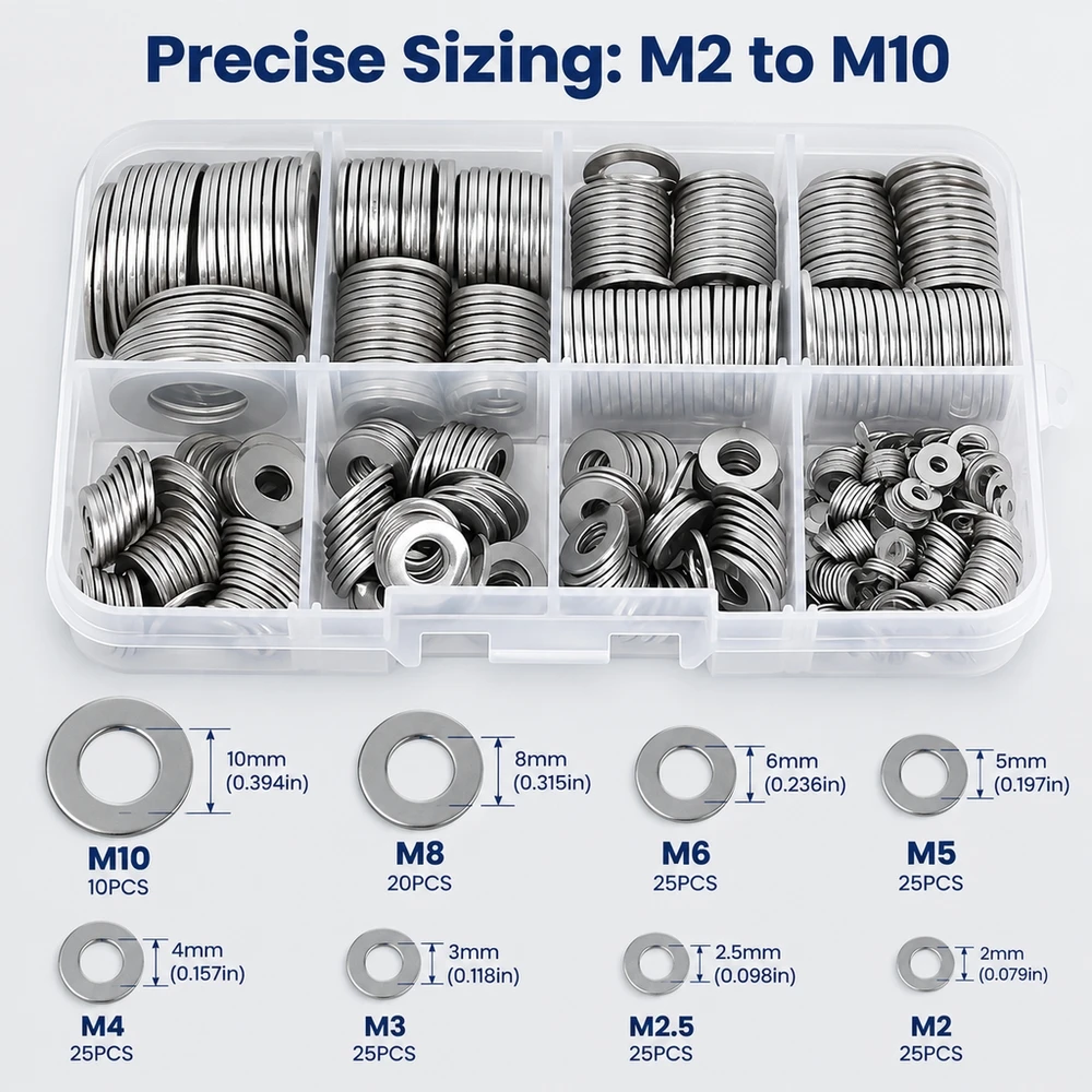 M2-M10 304 SS Flat Washer Assortment 180 Pcs Polished Finish High Durability Metal Parts for Industrial and Home Use