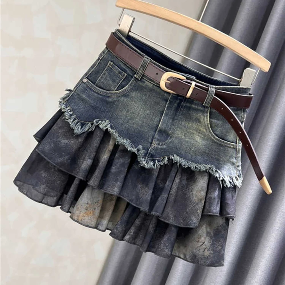 Denim Patchwork Layered Skirt for Women Summer American Style High Waist Spicy Girl Slim A-line Skirts Easy Match Mini Skirt