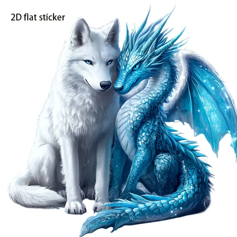 

Surface Decal of a Wolf And Ice Dragon in Light Beige Ideal for Cars Laptops Trucks Motorcycles Windows Walls Self Adhesive