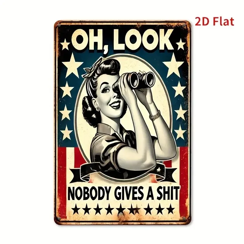 1pc Vintage Metal aluminum Sign- OH LOOK! NOBODY GIVES A Retro 1950s Pin-Up Woman with Binoculars and American Flag- Mid-Century