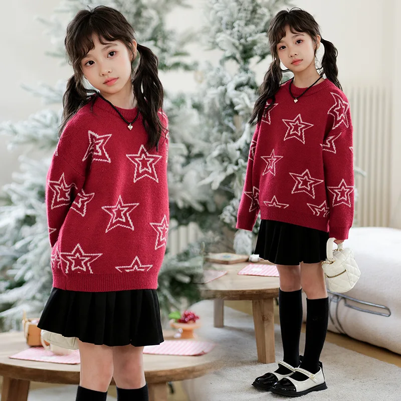 Christmas New Year School Girl Clothing Set Children Girl Five-pointed Star Sweater Tops+Pleated Skirt Students Clothes Sets