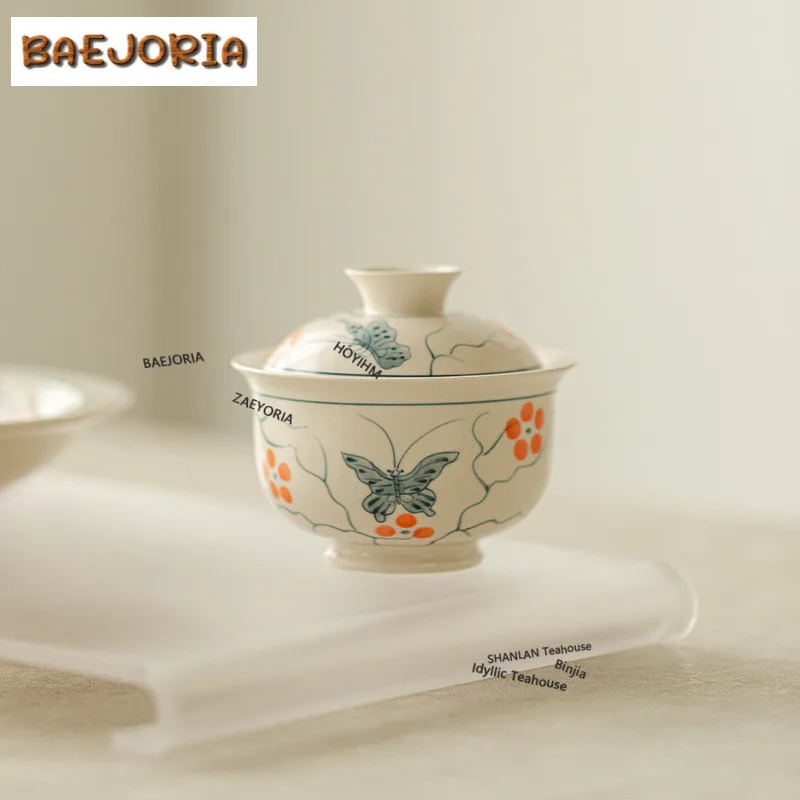

Hand-painted Apricot White Butterfly Gaiwan Boutique Tea Tureen Household Tea Bowl With Lid Kit Tea Making Cover Bowl Cafes Gift