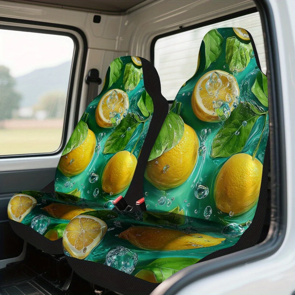 Set Of 2, Car Seat Covers Featuring Floating Lemons And Leaves – Complete Set Of Protectors For Front Seats, Universally Compati