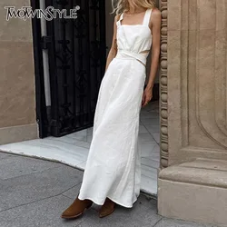 TWOTWINSTYLE Solid Hollow Out Minimalist Dresses For Women Square Collar Sleeveless High Waist Slim Temperament Dress Female New