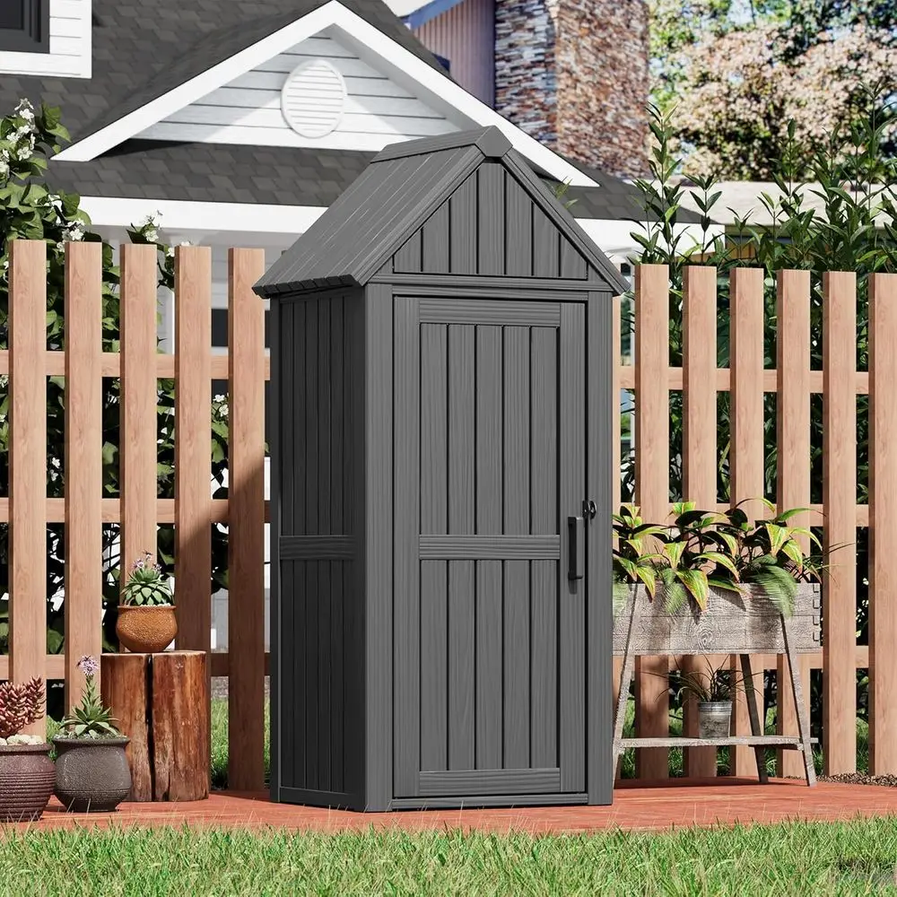 

All-Weather Outdoor Resin Storage Shed with Removable Shelves, Lock Ring, and Reinforced Floor for Garden and Patio Use (Black)